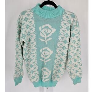Kitsch Retro 80s Private Eyes Sweater Women’s M Teal Pastel Lurex Floral Fairy